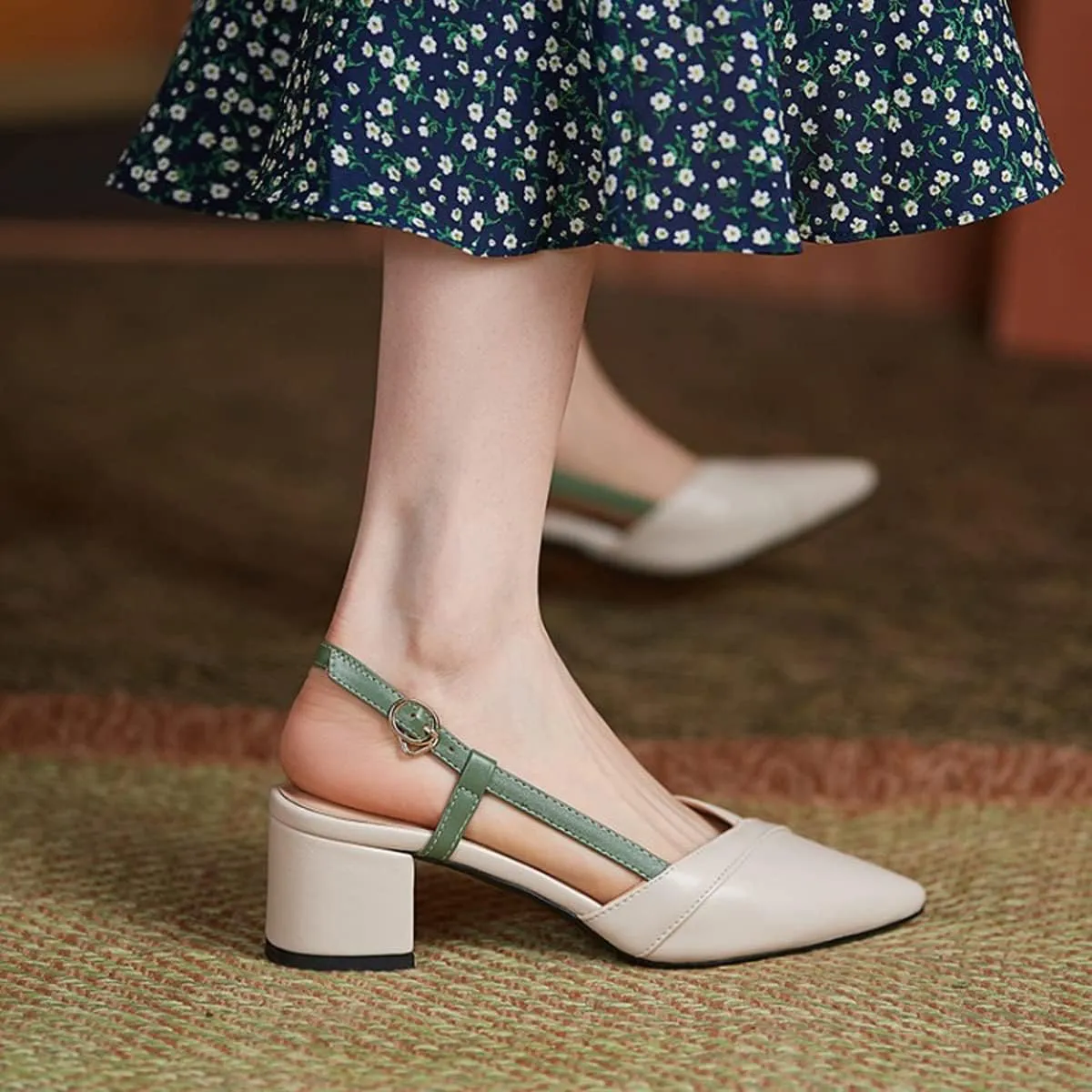 CoceMoce Classic Chunky Block Heel Pumps for Women 2 Inch Pointed Closed Toe Slingback Ankle Strap Dress Shoes with Buckle Prom Work Office Dating Church