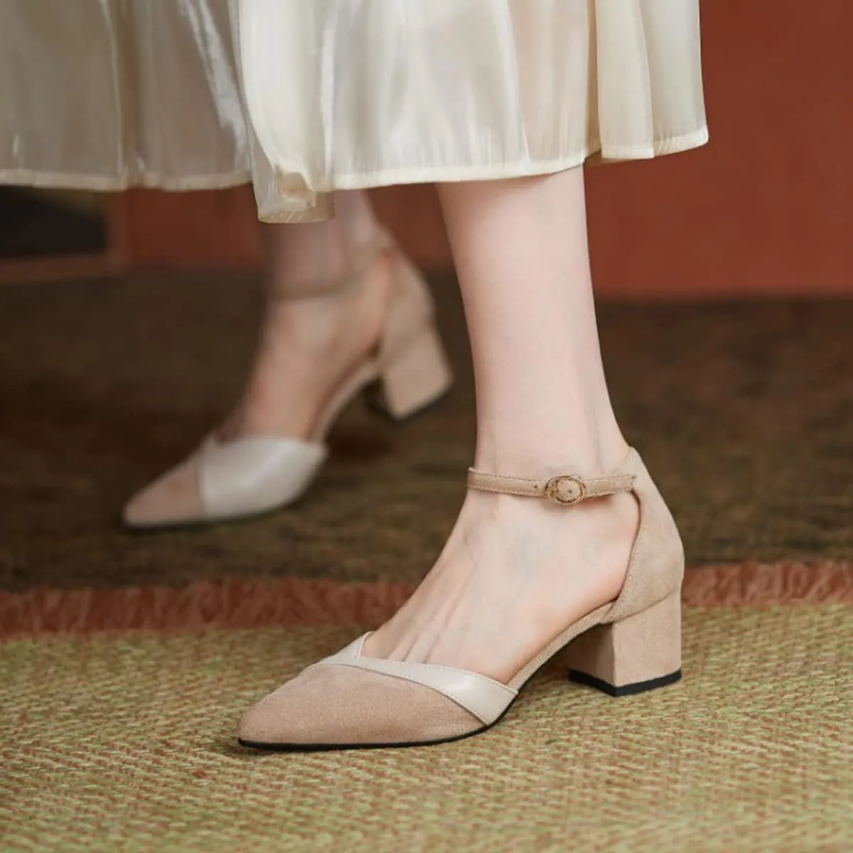 CoceMoce Classic Chunky Block Heel Pumps for Women 2 Inch Pointed Closed Toe Slingback Ankle Strap Dress Shoes with Buckle Prom Work Office Dating Church