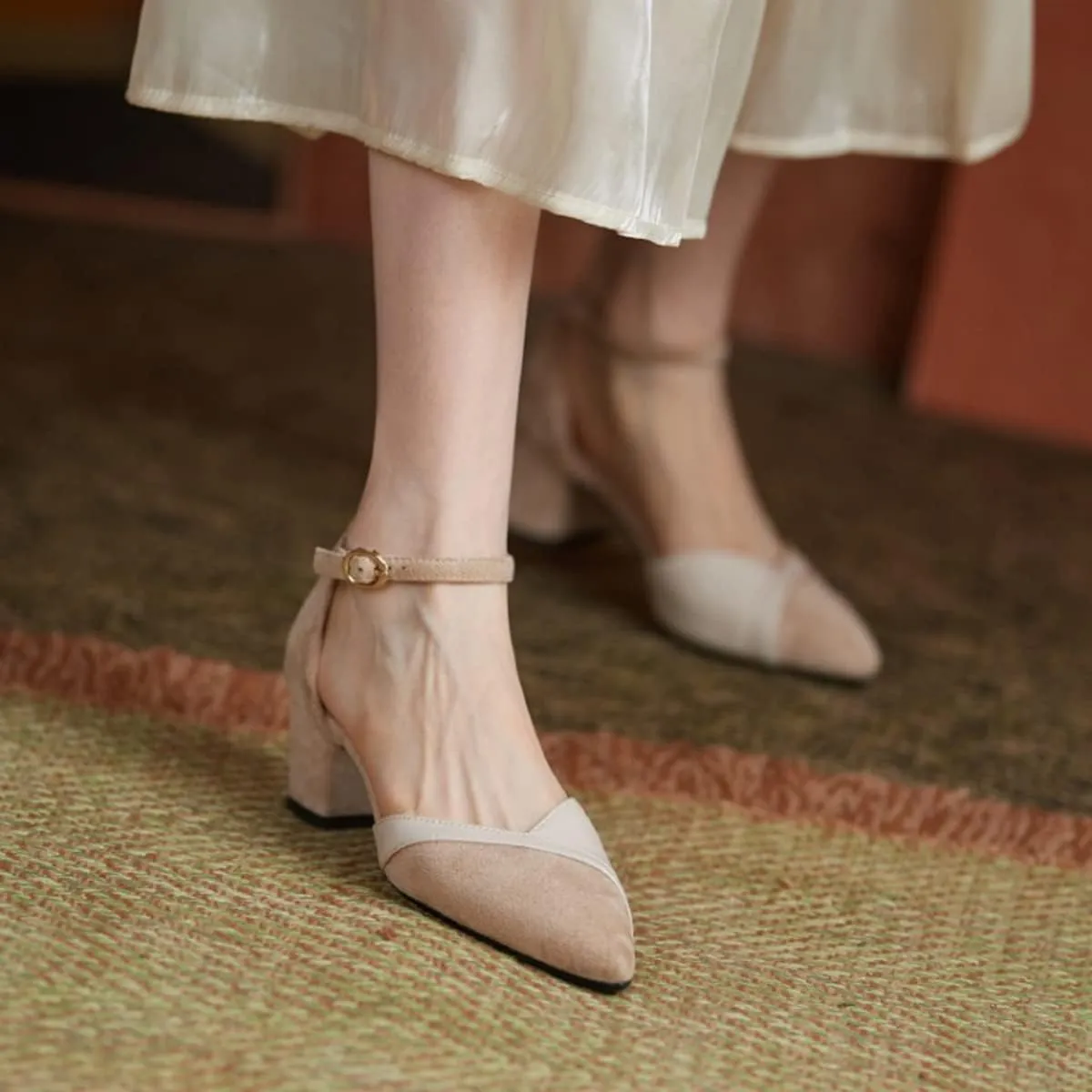CoceMoce Classic Chunky Block Heel Pumps for Women 2 Inch Pointed Closed Toe Slingback Ankle Strap Dress Shoes with Buckle Prom Work Office Dating Church