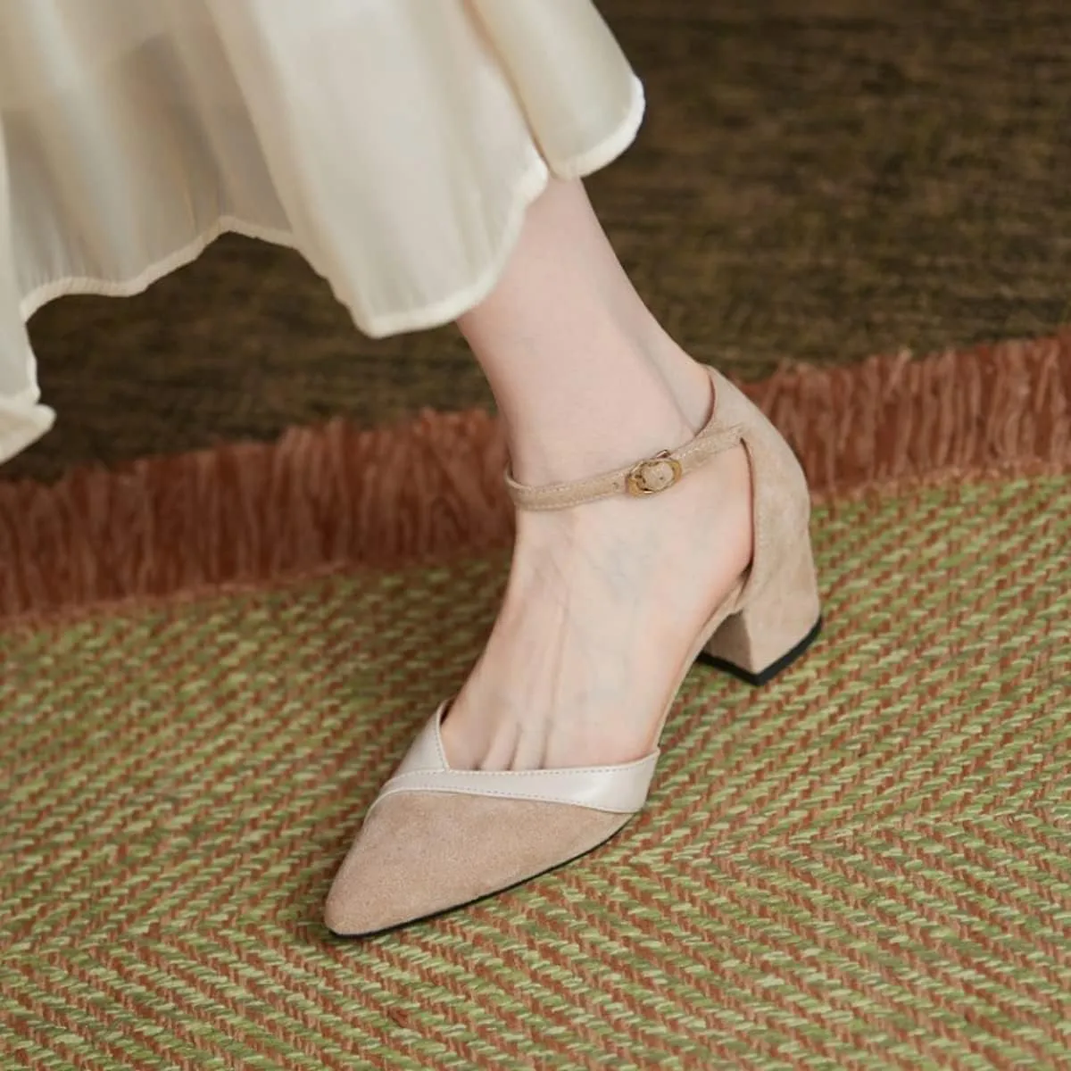 CoceMoce Classic Chunky Block Heel Pumps for Women 2 Inch Pointed Closed Toe Slingback Ankle Strap Dress Shoes with Buckle Prom Work Office Dating Church