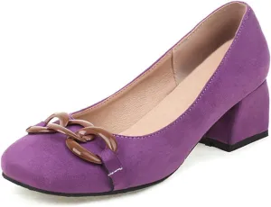 CoceMoce Classic Mid Block Heel Closed Round Toe Pumps for Women Office Lady Slip-On Suede Dress Shoes with Chains Work Office Church Prom Dating Daily Wear