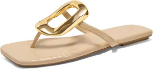 Coutgo Womens Flat Sandals Comfortable Flip Flops Slide Sandals Summer Beach Shoes with Metal Decoration
