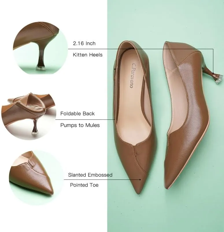 C.Paravano Pointy Kitten Heels Wedding Shoes Dressy Low Heel Work Casual Heels Flight Attendant Heels Mules Heels Women Pump for Office Wear