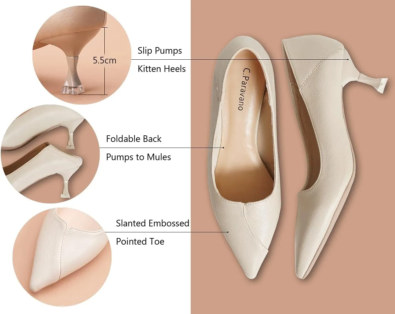 C.Paravano Pointy Kitten Heels Wedding Shoes Dressy Low Heel Work Casual Heels Flight Attendant Heels Mules Heels Women Pump for Office Wear