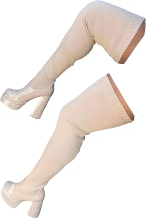 Crzidha Knit Sock Knee High Boots,Stretch Elastic Knitted Thigh High Boots,Fashion Cocktail Club Boots,Chunky Bottom Square Toe High Heel Thigh High Boots,Patchwork Tall Boots