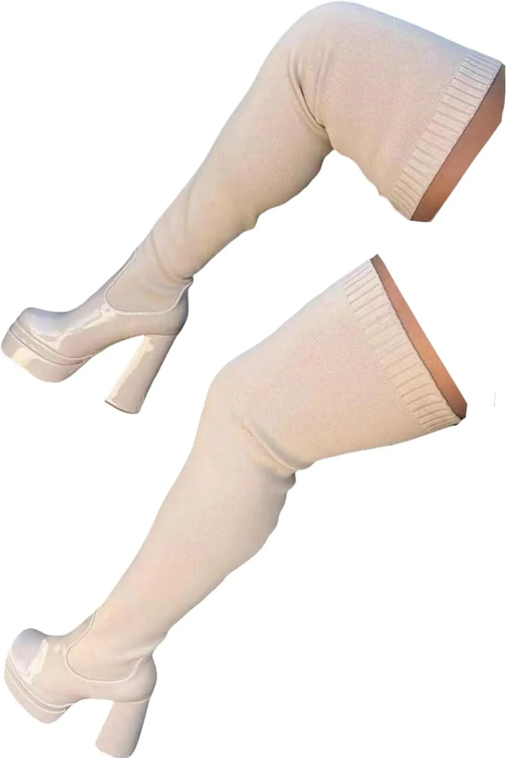 Crzidha Knit Sock Knee High Boots,Stretch Elastic Knitted Thigh High Boots,Fashion Cocktail Club Boots,Chunky Bottom Square Toe High Heel Thigh High Boots,Patchwork Tall Boots