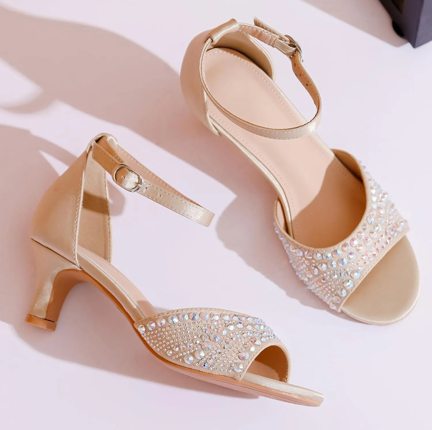 DADAWEN Women's Dressy Rhinestone Low Kitten Heel Ankle Strap Open Toe Sandals Dress Shoes Pump Sandals for Wedding Party Evening