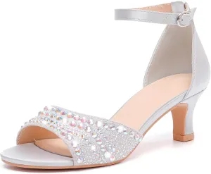 DADAWEN Women's Dressy Rhinestone Low Kitten Heel Ankle Strap Open Toe Sandals Dress Shoes Pump Sandals for Wedding Party Evening