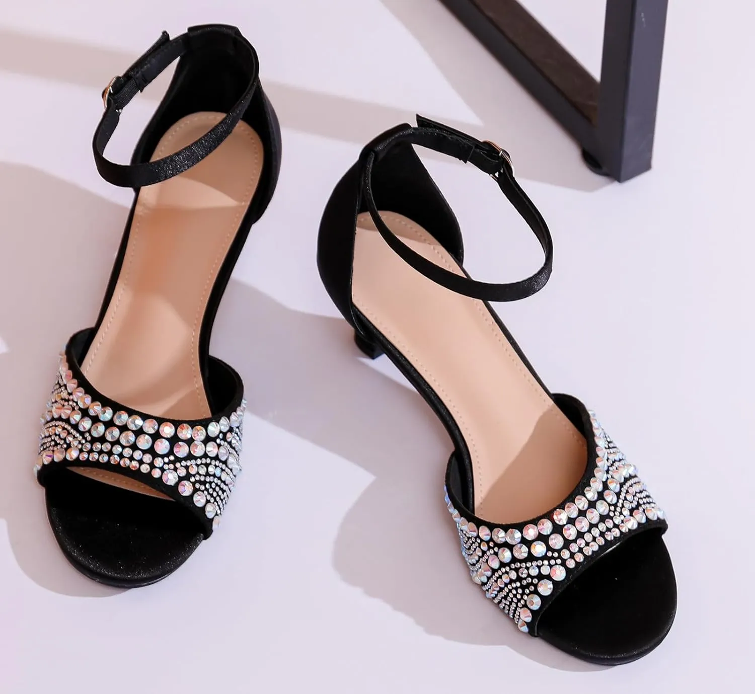 DADAWEN Women's Dressy Rhinestone Low Kitten Heel Ankle Strap Open Toe Sandals Dress Shoes Pump Sandals for Wedding Party Evening
