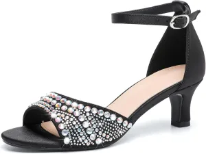 DADAWEN Women's Dressy Rhinestone Low Kitten Heel Ankle Strap Open Toe Sandals Dress Shoes Pump Sandals for Wedding Party Evening