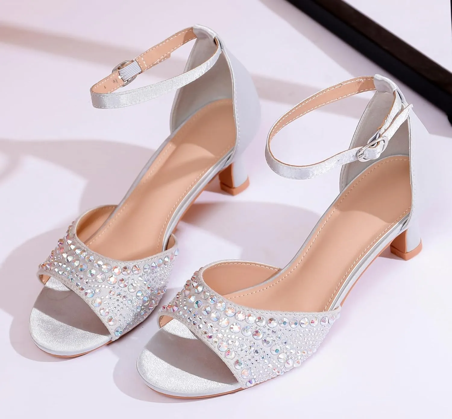 DADAWEN Women's Dressy Rhinestone Low Kitten Heel Ankle Strap Open Toe Sandals Dress Shoes Pump Sandals for Wedding Party Evening