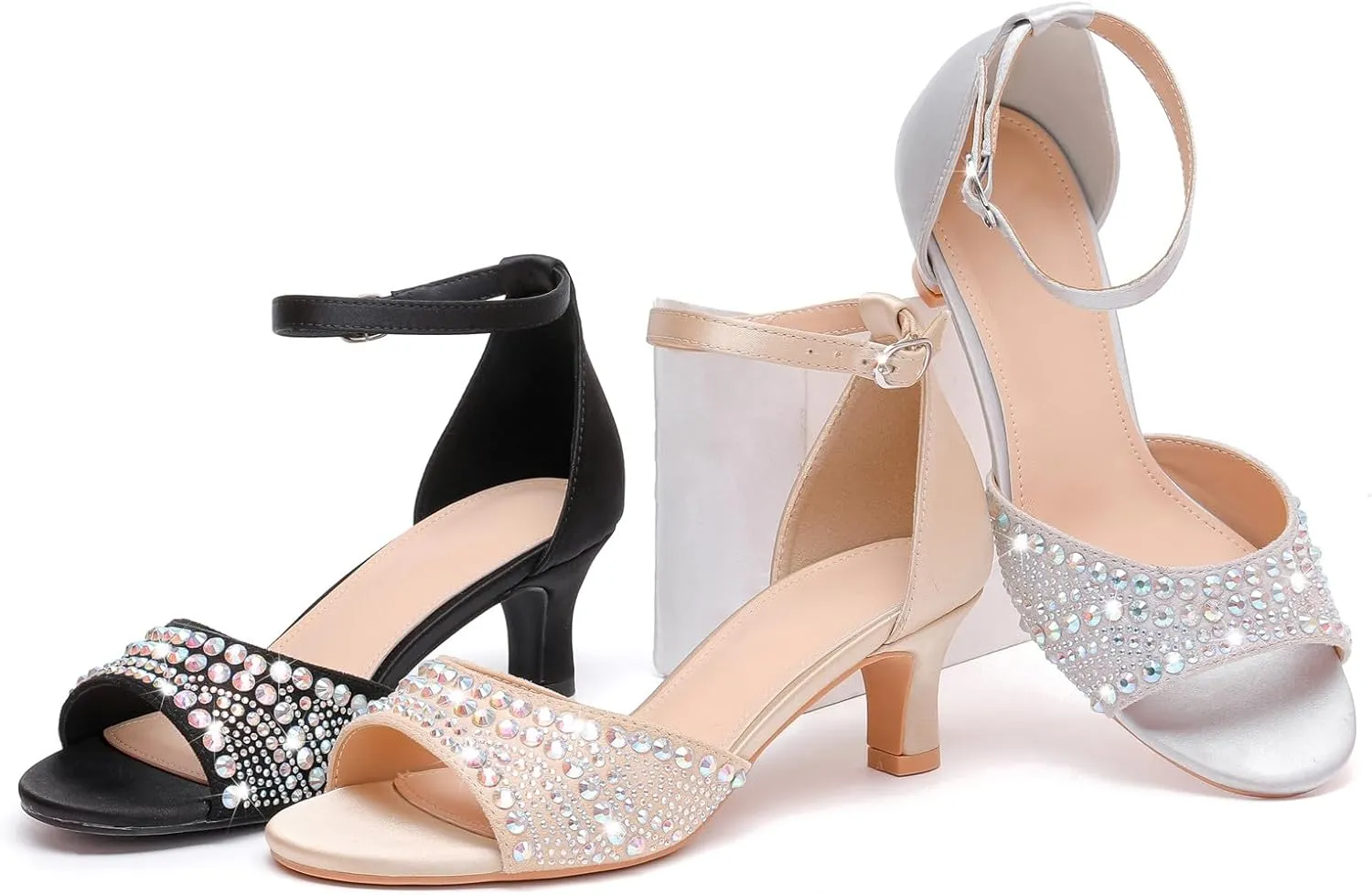 DADAWEN Women's Dressy Rhinestone Low Kitten Heel Ankle Strap Open Toe Sandals Dress Shoes Pump Sandals for Wedding Party Evening