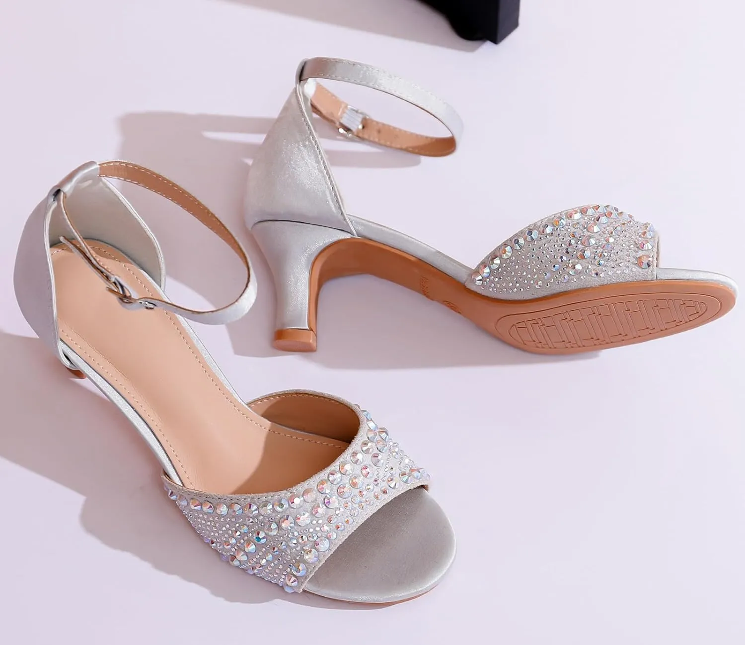 DADAWEN Women's Dressy Rhinestone Low Kitten Heel Ankle Strap Open Toe Sandals Dress Shoes Pump Sandals for Wedding Party Evening