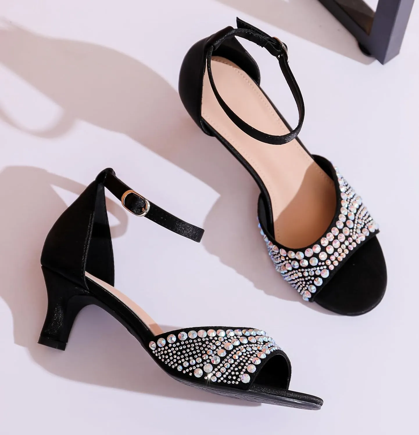 DADAWEN Women's Dressy Rhinestone Low Kitten Heel Ankle Strap Open Toe Sandals Dress Shoes Pump Sandals for Wedding Party Evening