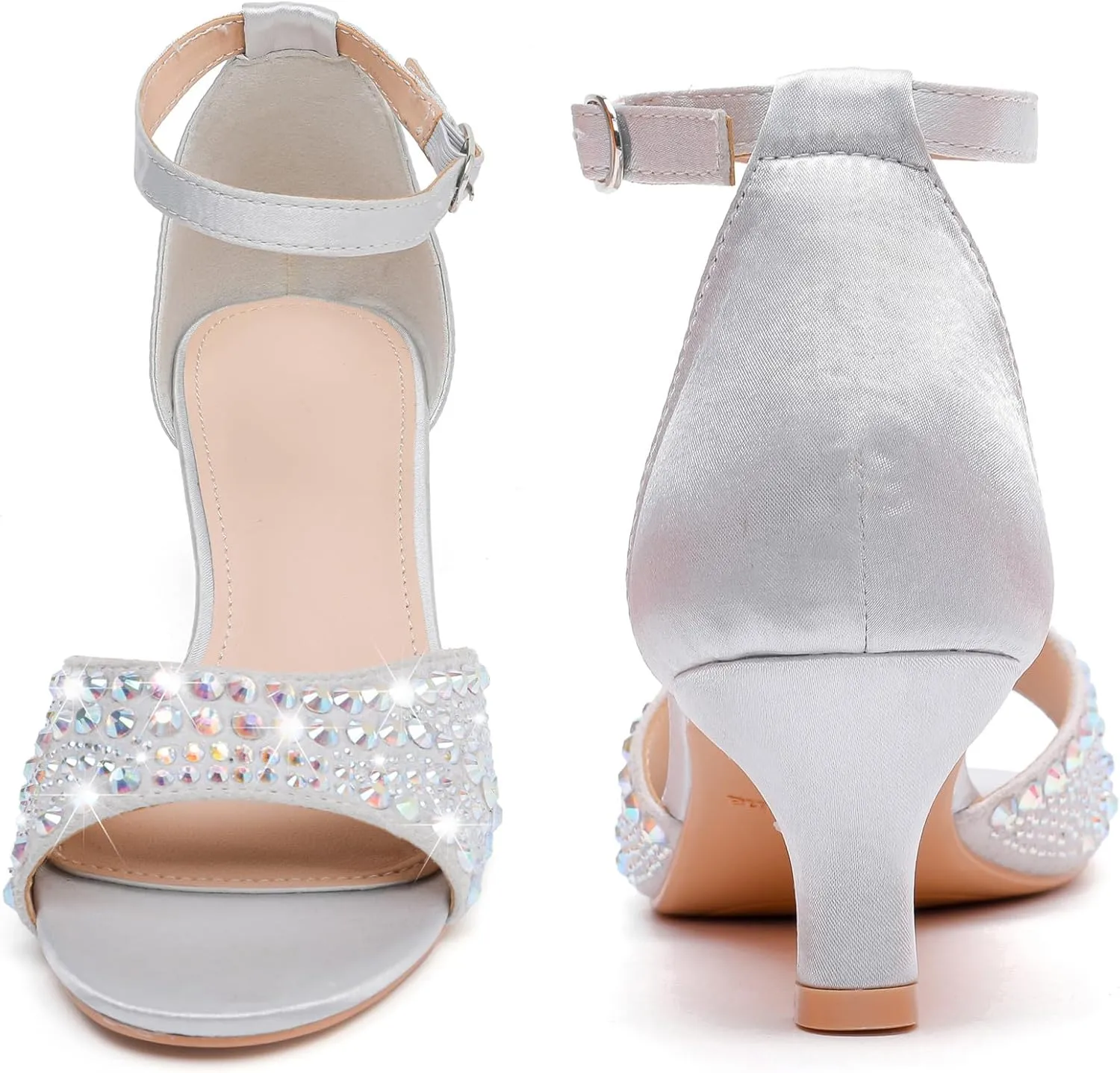 DADAWEN Women's Dressy Rhinestone Low Kitten Heel Ankle Strap Open Toe Sandals Dress Shoes Pump Sandals for Wedding Party Evening