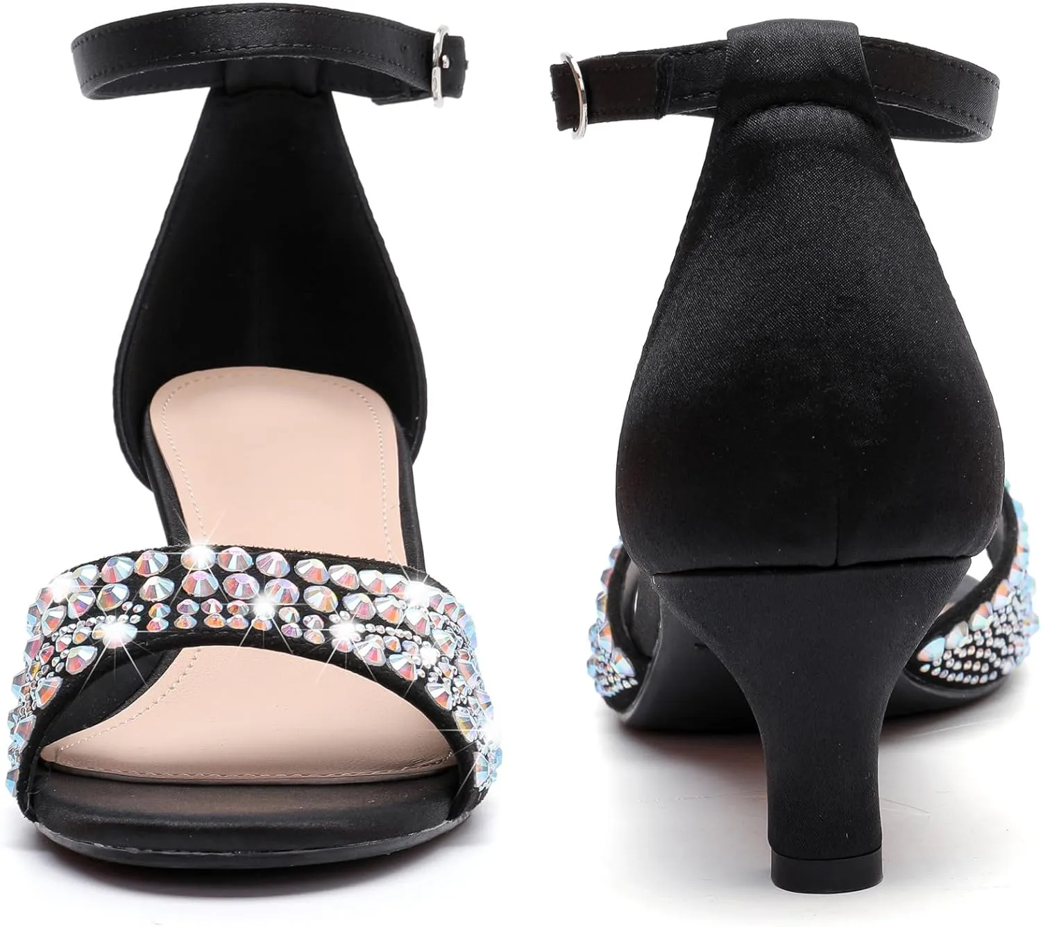 DADAWEN Women's Dressy Rhinestone Low Kitten Heel Ankle Strap Open Toe Sandals Dress Shoes Pump Sandals for Wedding Party Evening