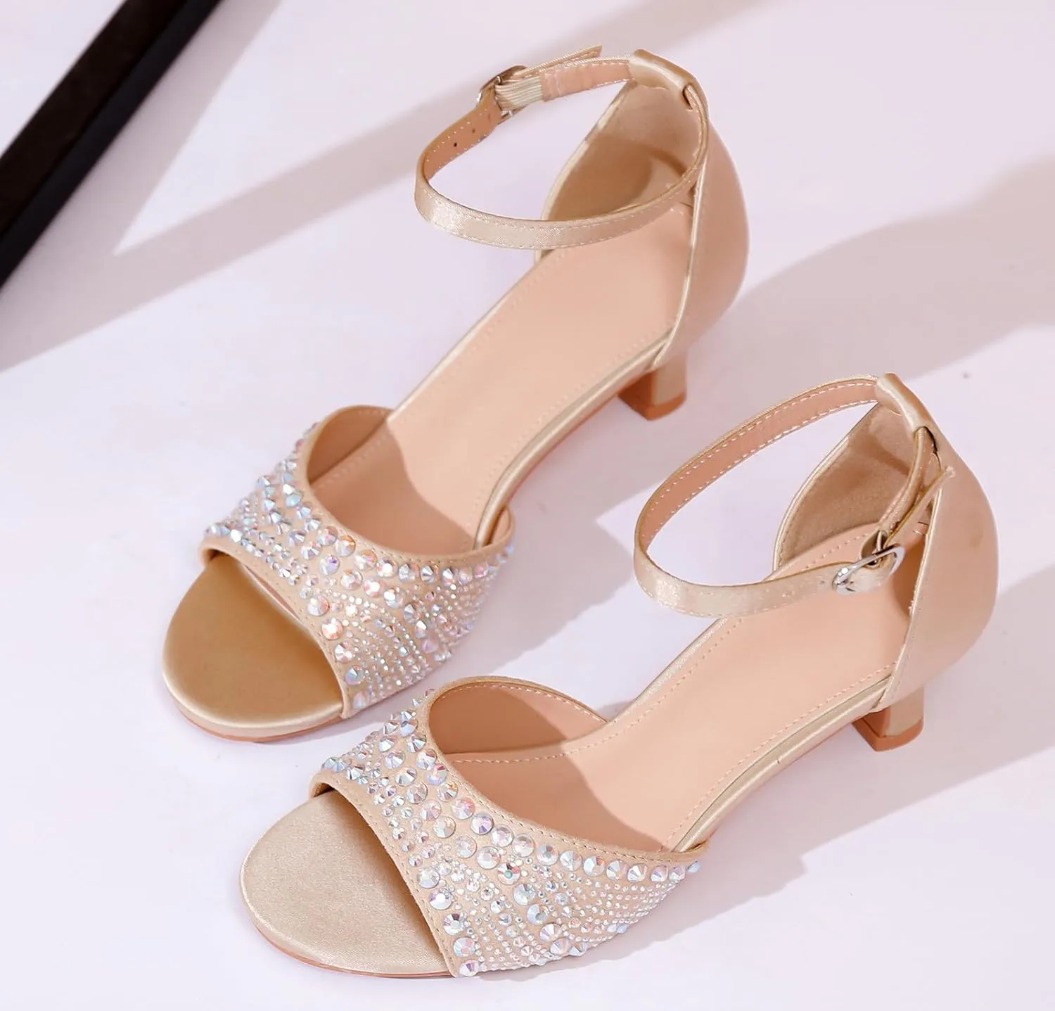 DADAWEN Women's Dressy Rhinestone Low Kitten Heel Ankle Strap Open Toe Sandals Dress Shoes Pump Sandals for Wedding Party Evening