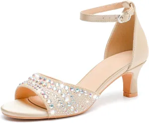 DADAWEN Women's Dressy Rhinestone Low Kitten Heel Ankle Strap Open Toe Sandals Dress Shoes Pump Sandals for Wedding Party Evening