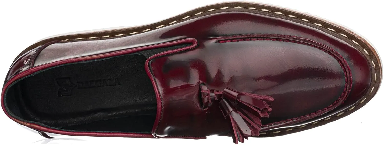 DALGALA Men's Bordeaux Leather Handcrafted Fringe Loafer Shoes Slip on Fashion Eva Sole Lightweight Casual Shoes
