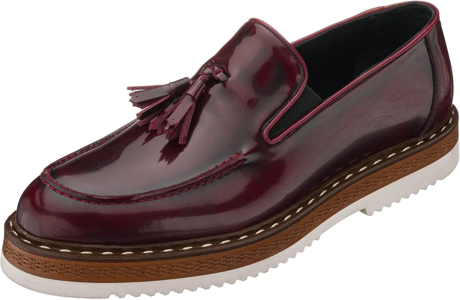 DALGALA Men's Bordeaux Leather Handcrafted Fringe Loafer Shoes Slip on Fashion Eva Sole Lightweight Casual Shoes