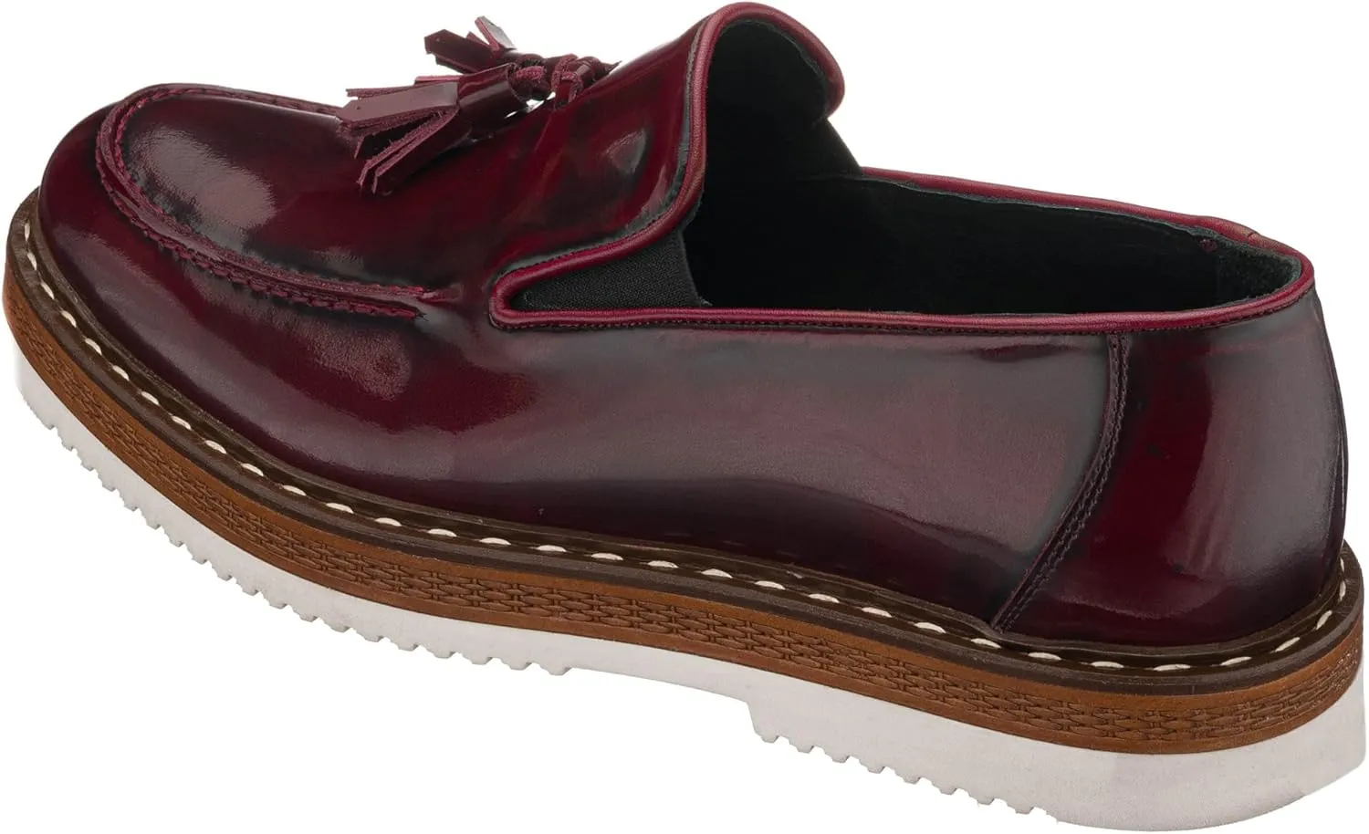 DALGALA Men's Bordeaux Leather Handcrafted Fringe Loafer Shoes Slip on Fashion Eva Sole Lightweight Casual Shoes
