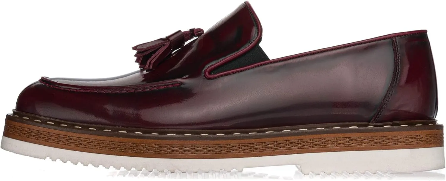 DALGALA Men's Bordeaux Leather Handcrafted Fringe Loafer Shoes Slip on Fashion Eva Sole Lightweight Casual Shoes
