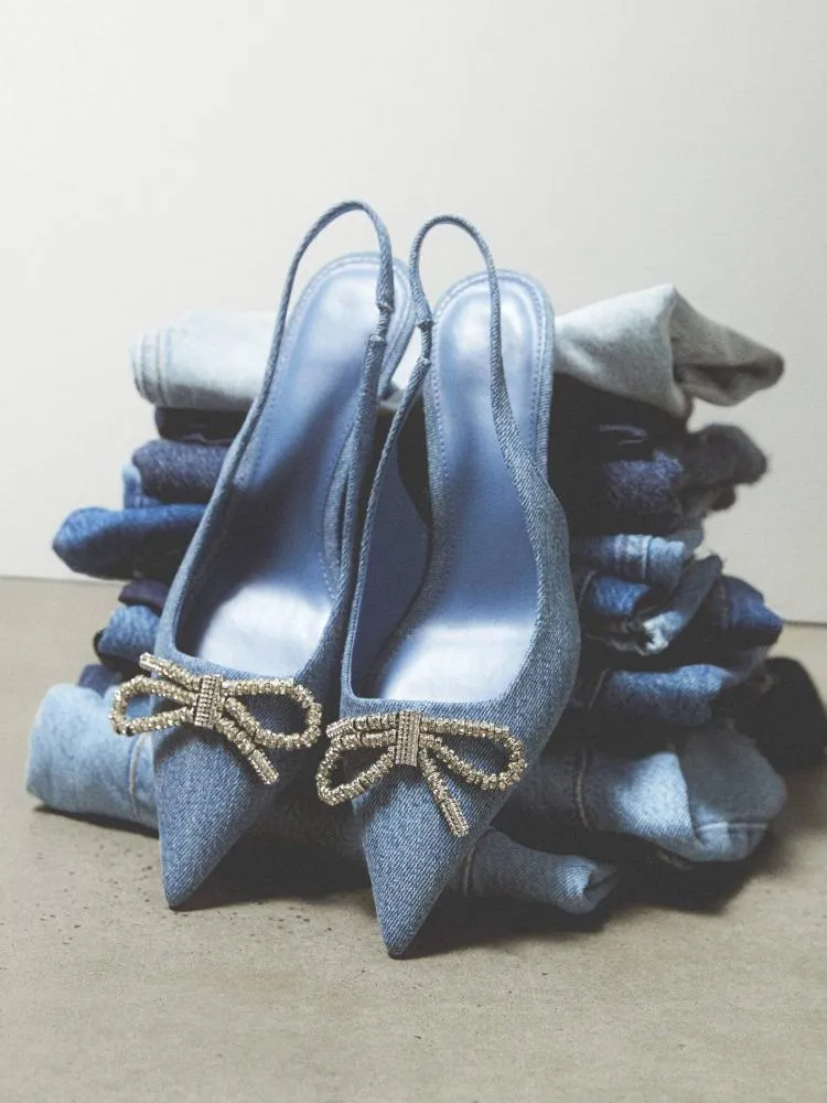 Denim Blue Rhinestone Bow Slingback Elastic Strap Pointy Kitten Heel Pumps