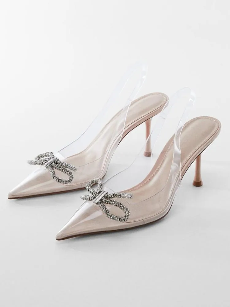 Denim Blue Rhinestone Bow Slingback Elastic Strap Pointy Kitten Heel Pumps