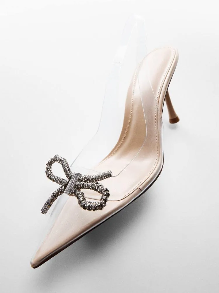 Denim Blue Rhinestone Bow Slingback Elastic Strap Pointy Kitten Heel Pumps