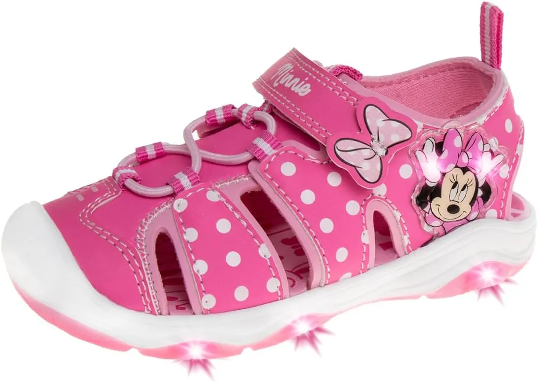 Disney Girls Minnie Mouse Sandals LED Light Up Water Shoes - SlipOn Waterproof Adjustable Strap Character Slides (OpenToe/ClosedToe) (Toddler/Little Kid)