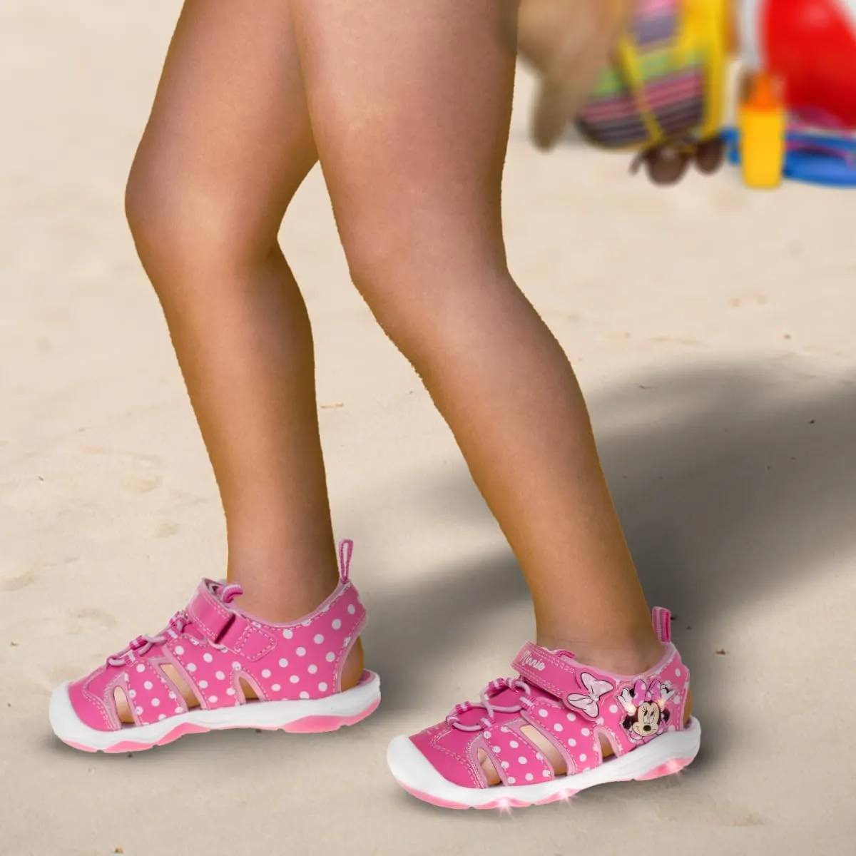 Disney Girls Minnie Mouse Sandals LED Light Up Water Shoes - SlipOn Waterproof Adjustable Strap Character Slides (OpenToe/ClosedToe) (Toddler/Little Kid)