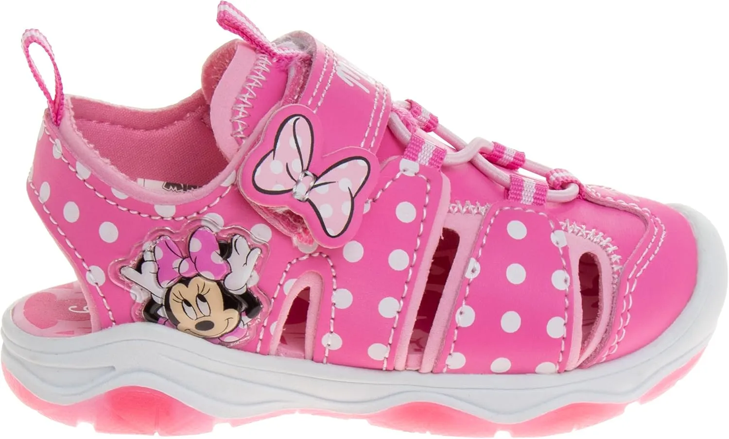 Disney Girls Minnie Mouse Sandals LED Light Up Water Shoes - SlipOn Waterproof Adjustable Strap Character Slides (OpenToe/ClosedToe) (Toddler/Little Kid)