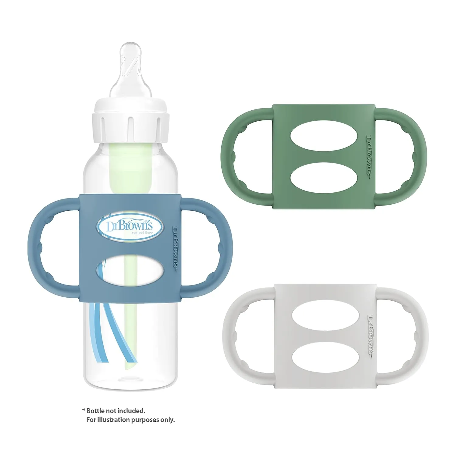 Dr. Brown’s Milestones 100% Silicone Baby Bottle Handles, Narrow, Blue, Green, Gray, 3 Pack, 4m 