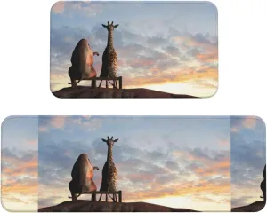 Elephant Giraffe On A Mountain Top Sunset Kitchen Mats for Floor 2 Piece Non-Slip Waterproof Washable Kitchen Rugs for Office, Laundry, Sink, Home Decor 17"x29.5" 17"x47.2"