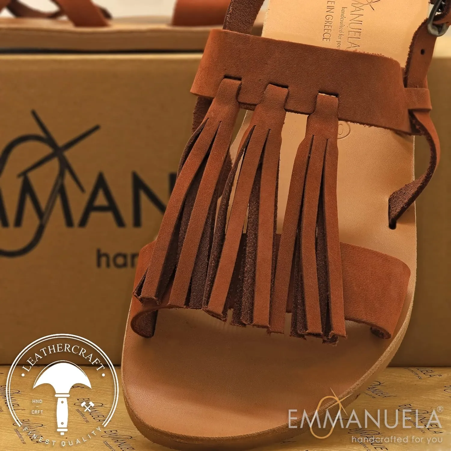 Emmanuela Comfortable Toe Ring Leather Sandals with Olive Leaves, Cushioned Insole Flat Slide on Dressy Summer Shoes for Women, Greek Quality Slide on Leather Sandals