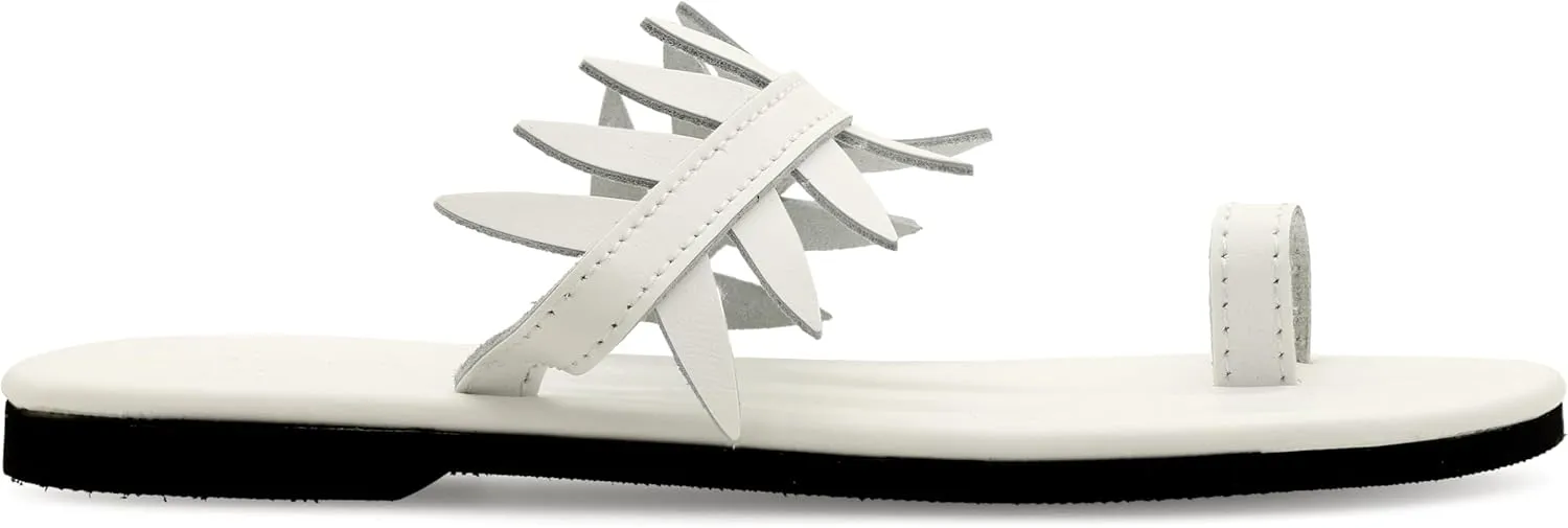 Emmanuela Comfortable Toe Ring Leather Sandals with Olive Leaves, Cushioned Insole Flat Slide on Dressy Summer Shoes for Women, Greek Quality Slide on Leather Sandals