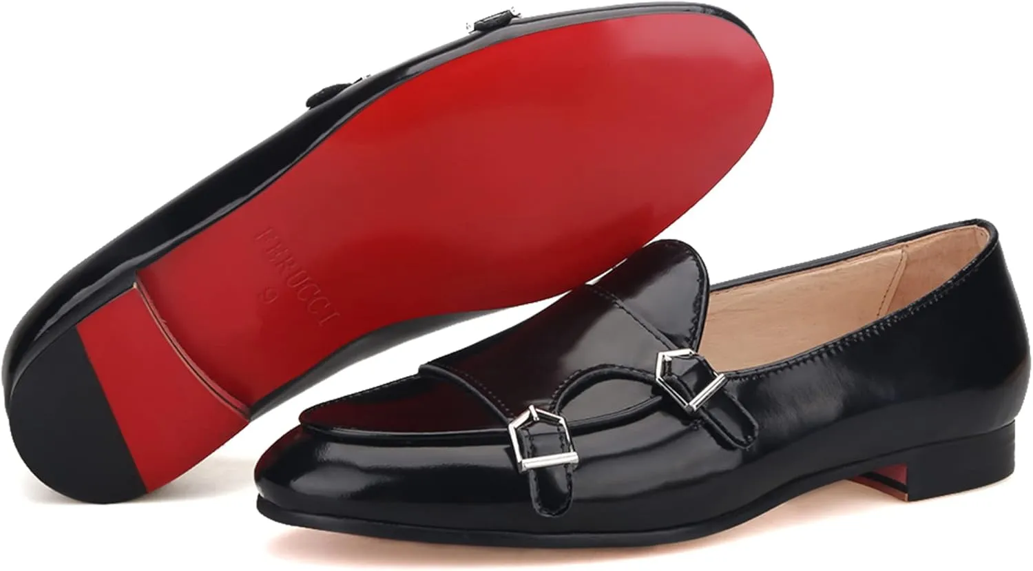 FERUCCI Black Leather Double Monk Loafer Slippers Flat Prom Wedding