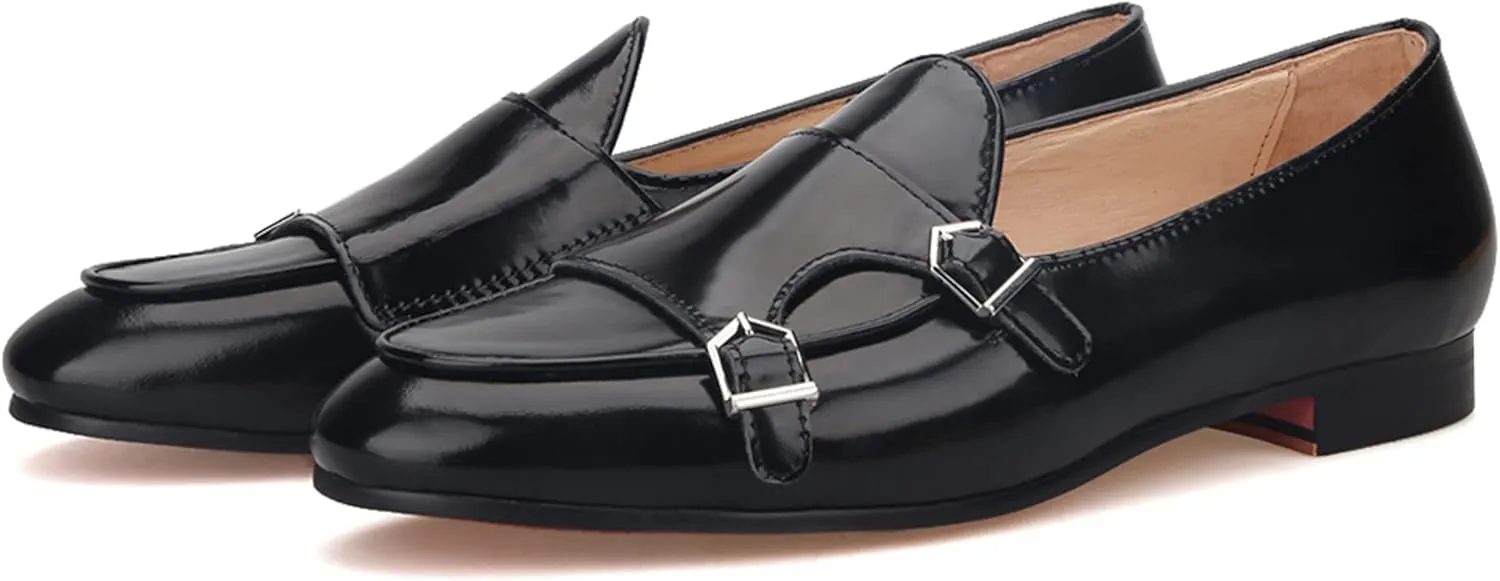 FERUCCI Black Leather Double Monk Loafer Slippers Flat Prom Wedding