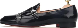 FERUCCI Black Leather Double Monk Loafer Slippers Flat Prom Wedding