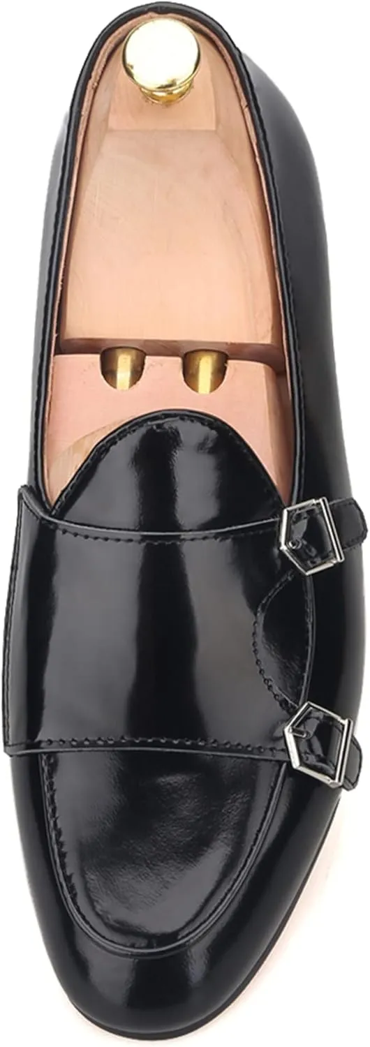 FERUCCI Black Leather Double Monk Loafer Slippers Flat Prom Wedding