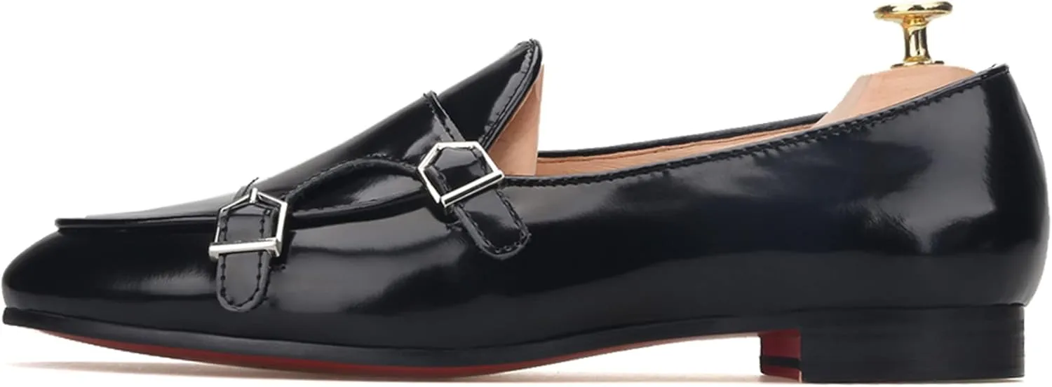 FERUCCI Black Leather Double Monk Loafer Slippers Flat Prom Wedding
