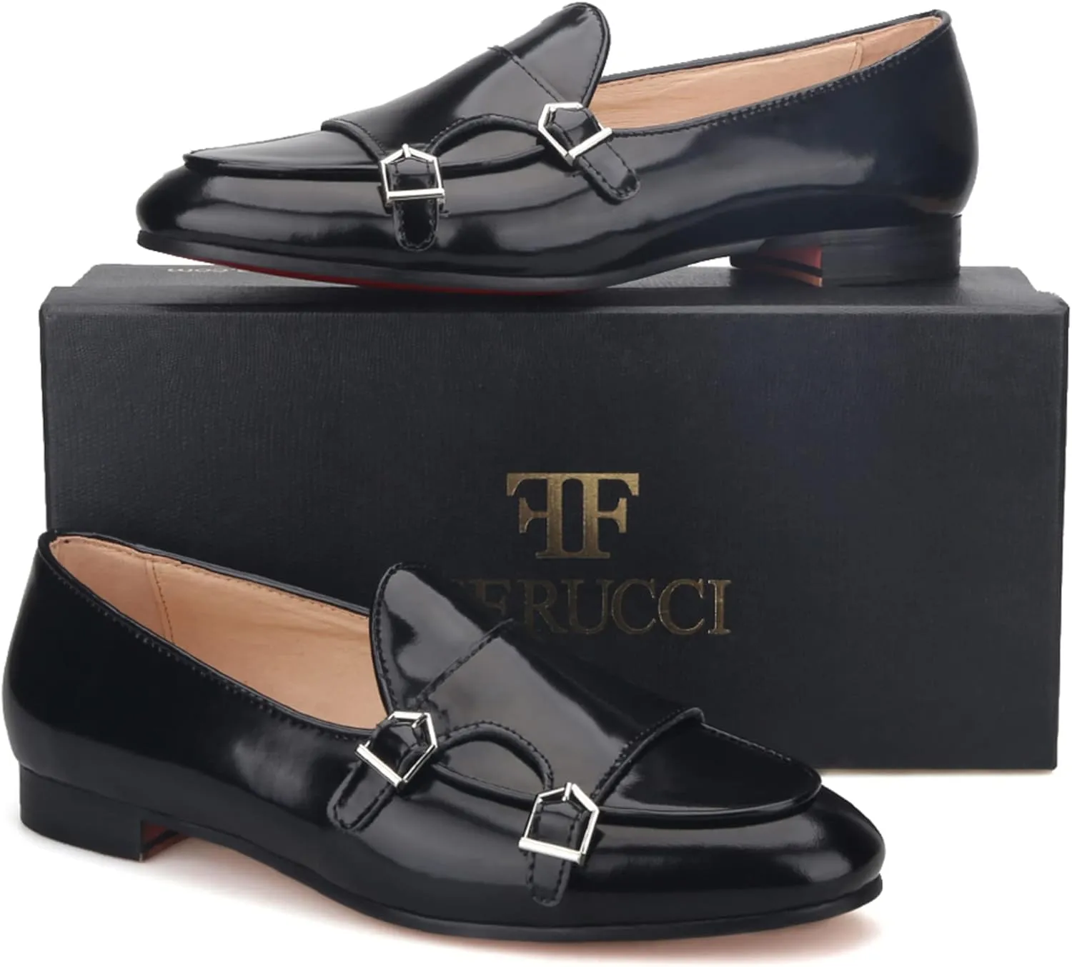 FERUCCI Black Leather Double Monk Loafer Slippers Flat Prom Wedding
