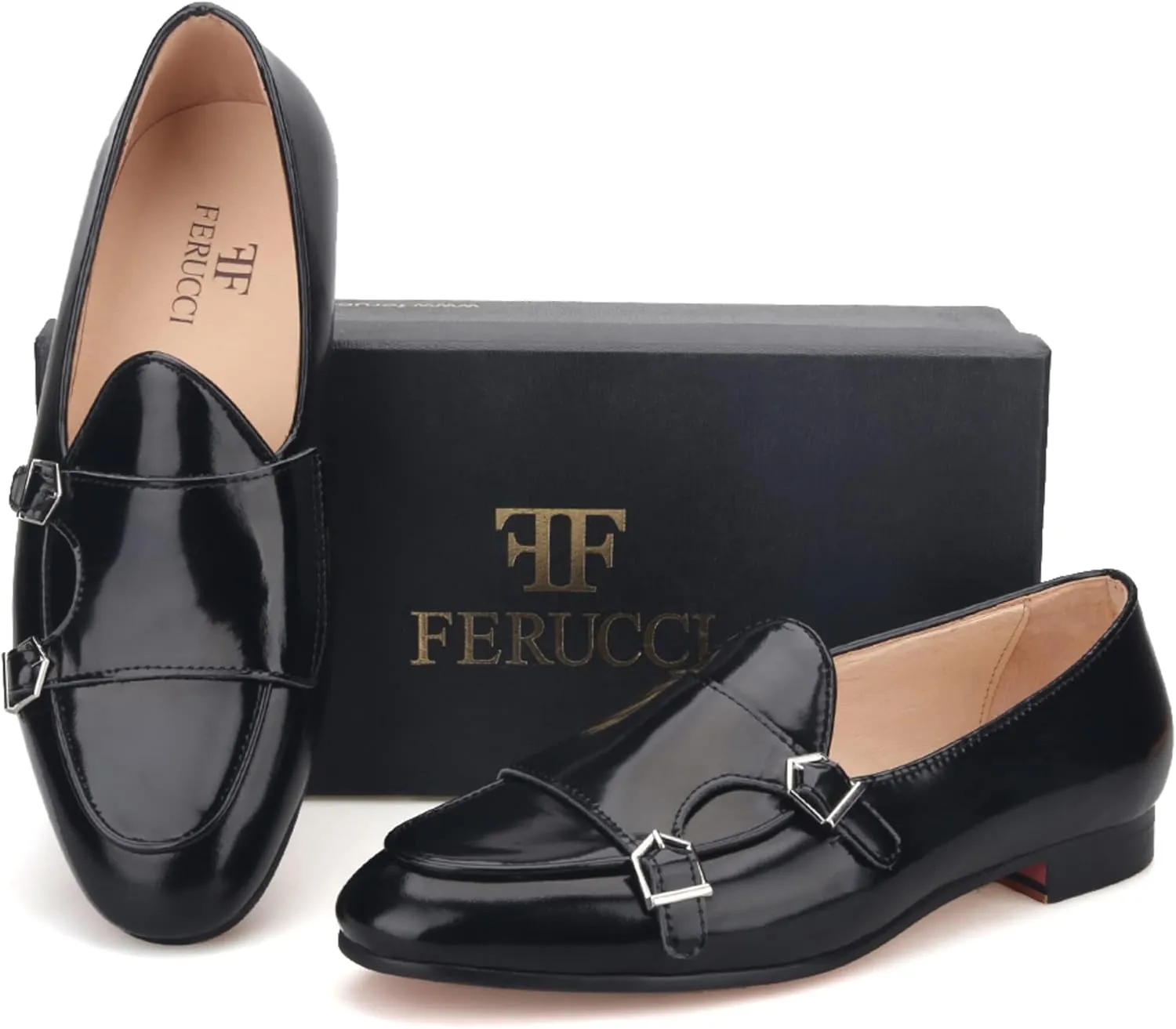 FERUCCI Black Leather Double Monk Loafer Slippers Flat Prom Wedding