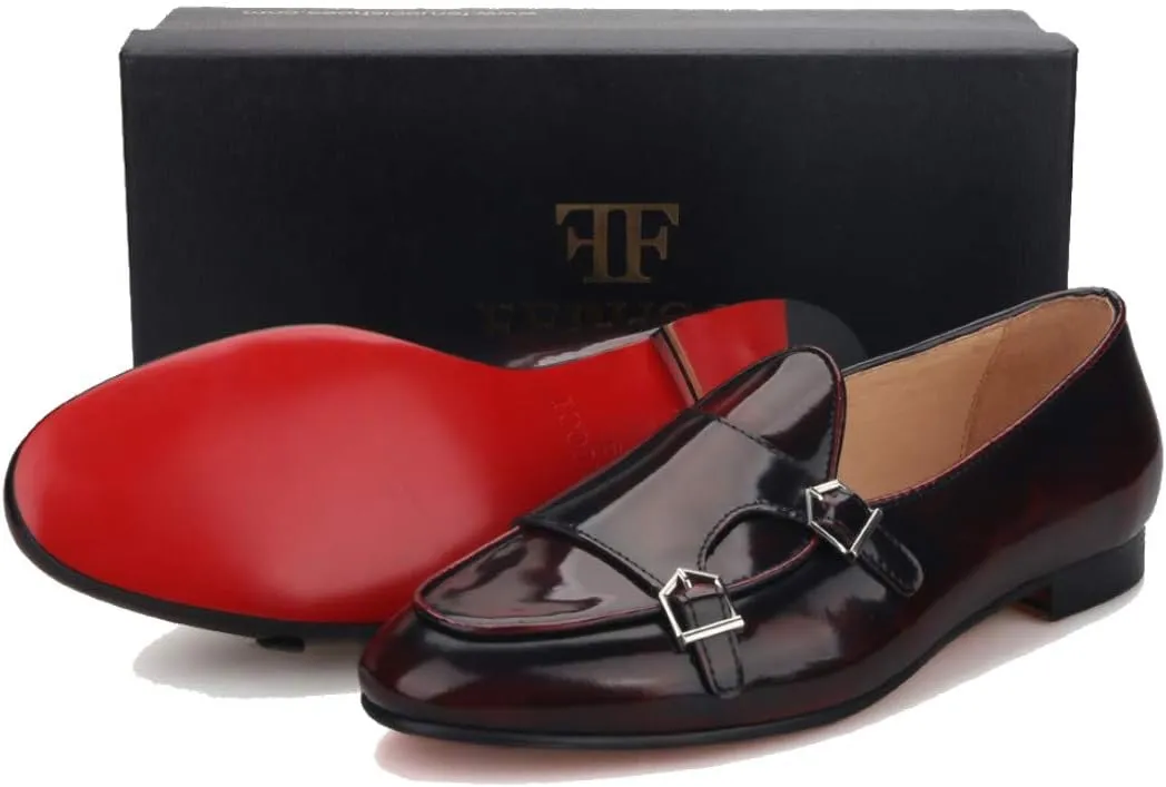 FERUCCI Brown Leather Double Monk Loafer Slippers Flat Prom Wedding