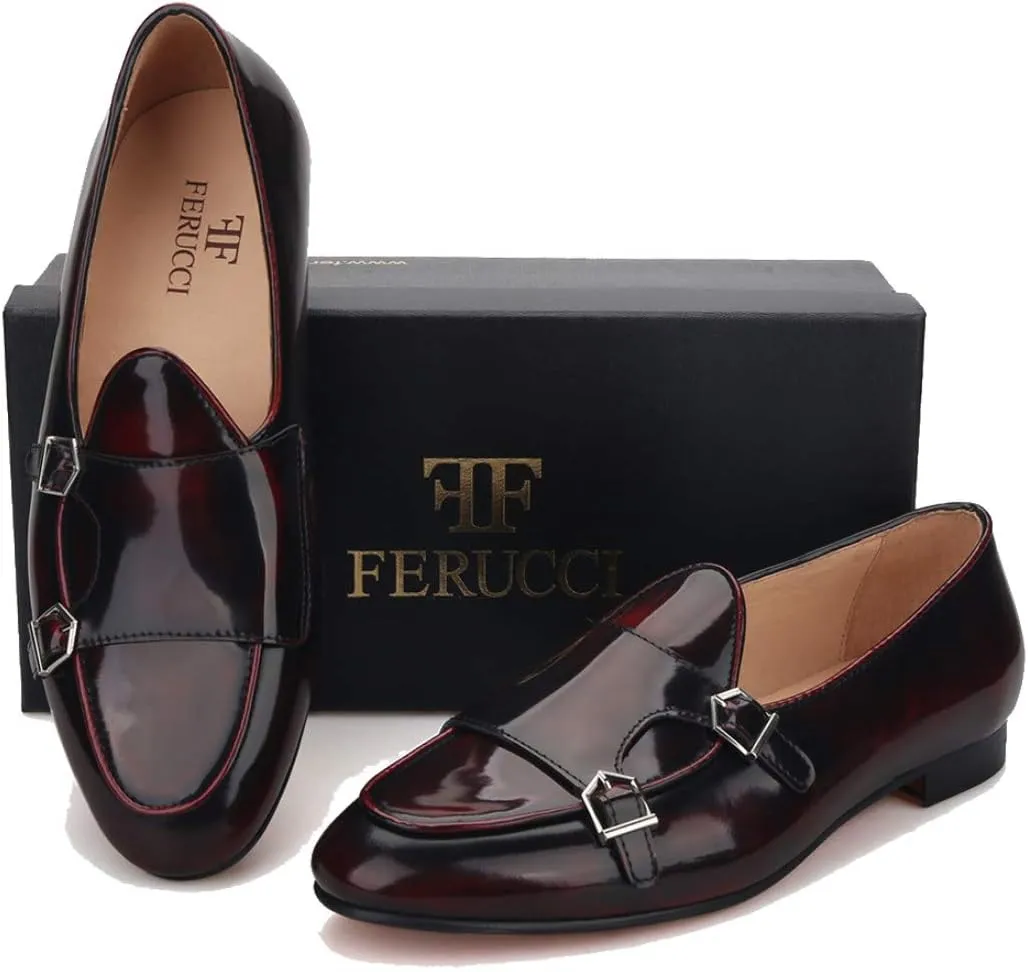 FERUCCI Brown Leather Double Monk Loafer Slippers Flat Prom Wedding