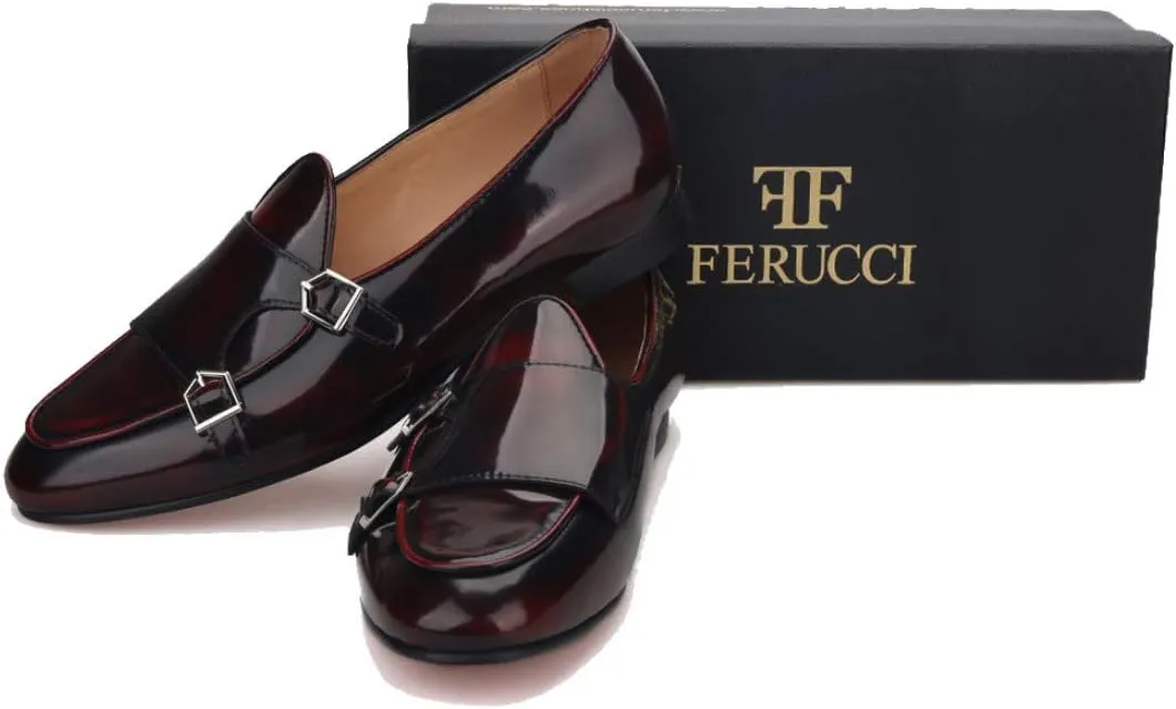 FERUCCI Brown Leather Double Monk Loafer Slippers Flat Prom Wedding