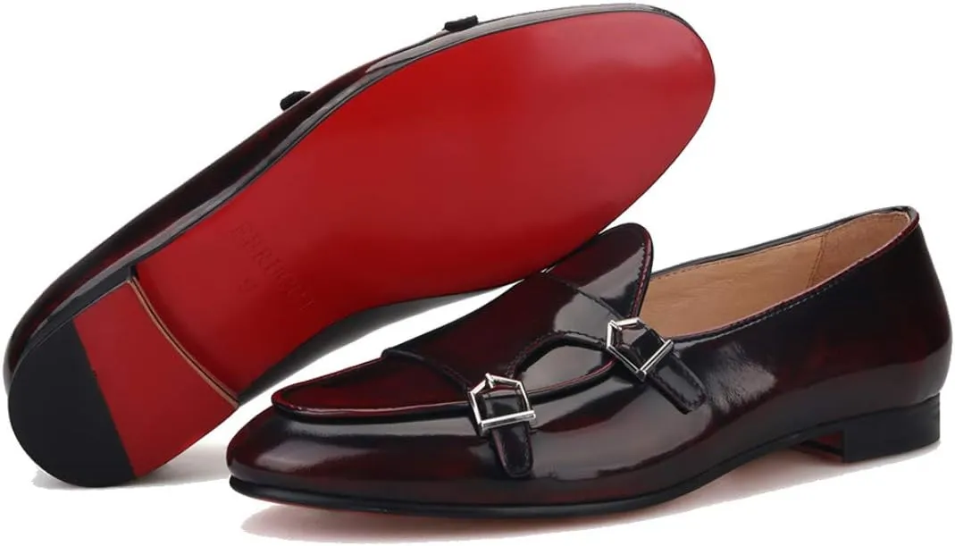 FERUCCI Brown Leather Double Monk Loafer Slippers Flat Prom Wedding