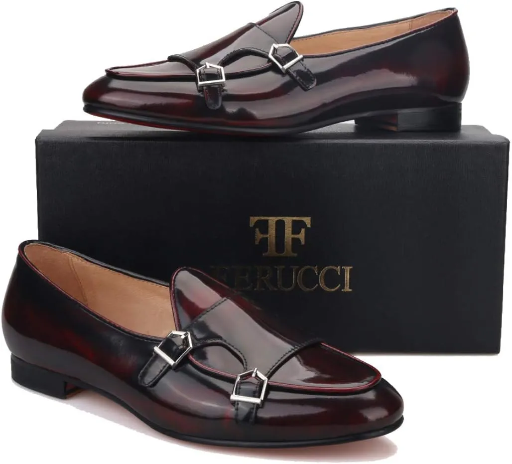 FERUCCI Brown Leather Double Monk Loafer Slippers Flat Prom Wedding