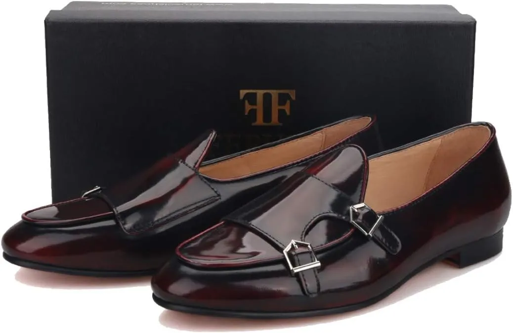 FERUCCI Brown Leather Double Monk Loafer Slippers Flat Prom Wedding