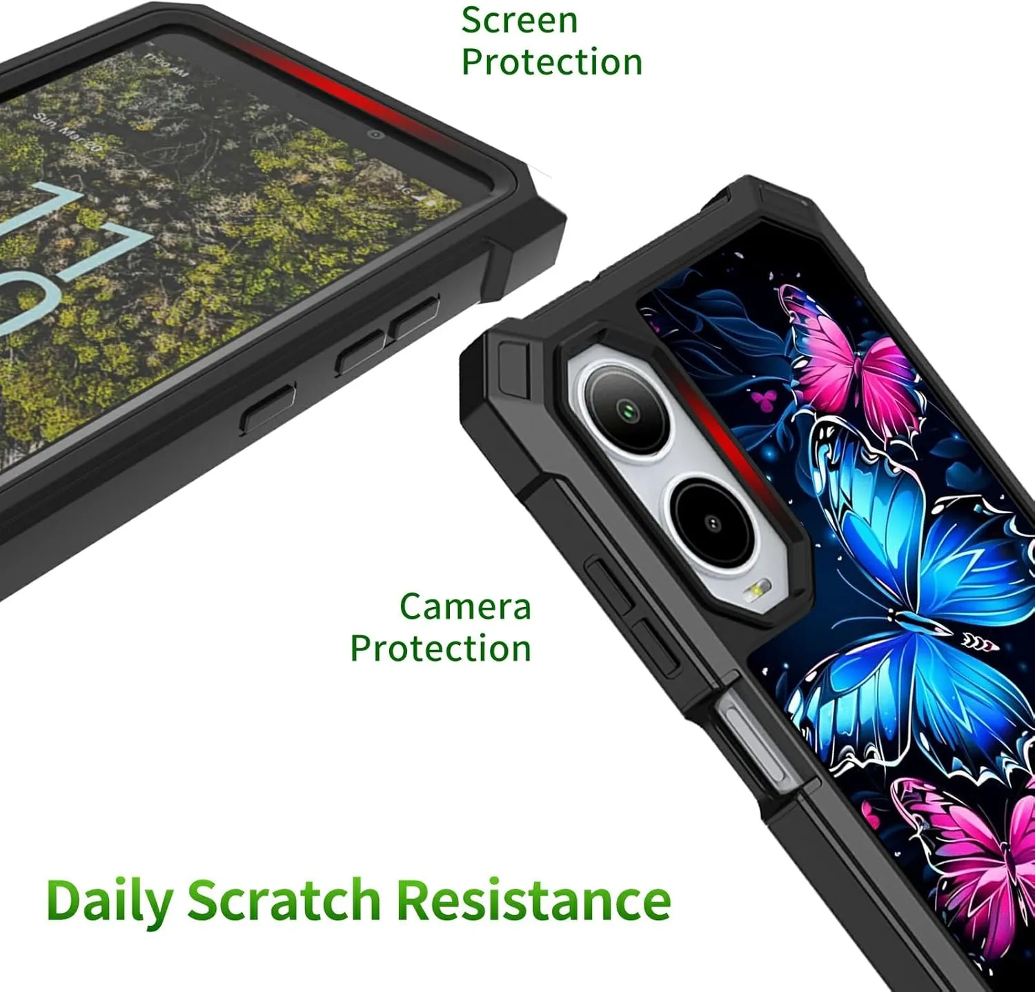 for Cricket Icon 6 2024 Phone Case w/1 * Screen Protector, Shockproof Heavy Duty Dual Layer Protective Hard PC Soft Silicone Case for Cricket Icon 6 SL219C, Butterfly Blue